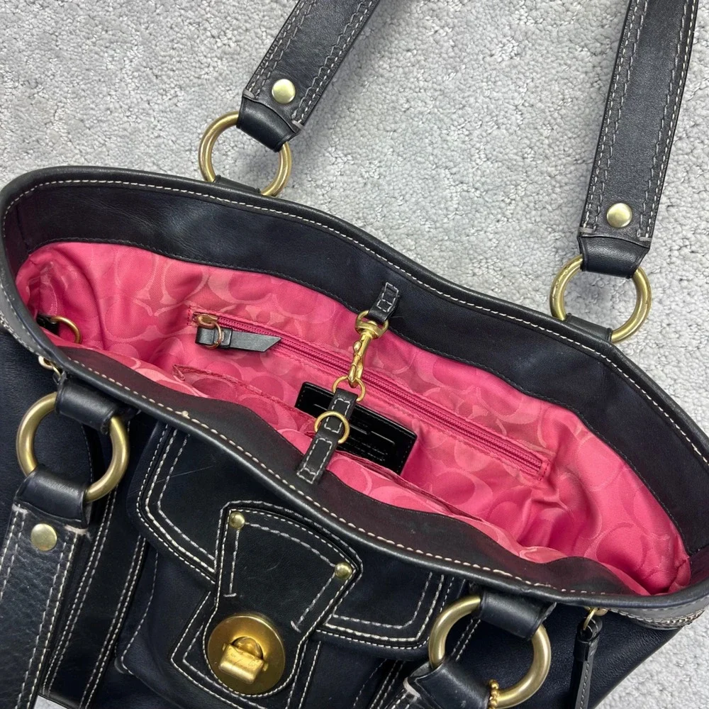Y2k Coach Gigi Tote Bag Black Leather Brass Hardware Turnlock Top Handle